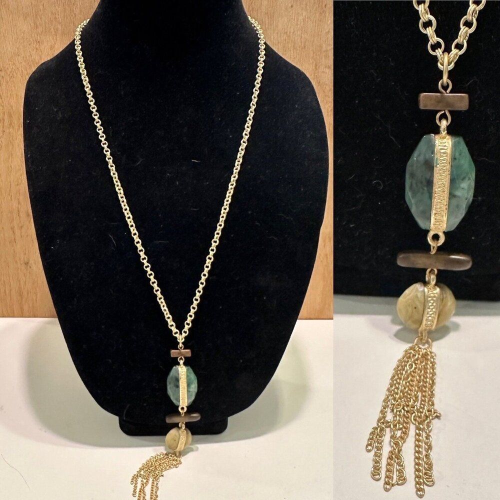 Chinese Asian Faux Stone Gold Tone Tassle Necklace 24-27” Long